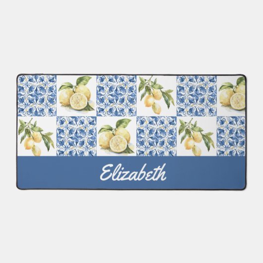 Blue Tile French Country Lemon Custom Name Bureaumat (Voorkant)