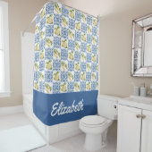 Blue Tile French Country Lemon Custom Name Douchegordijn (In situ)