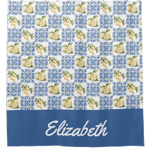 Blue Tile French Country Lemon Custom Name Douchegordijn (Voorkant)