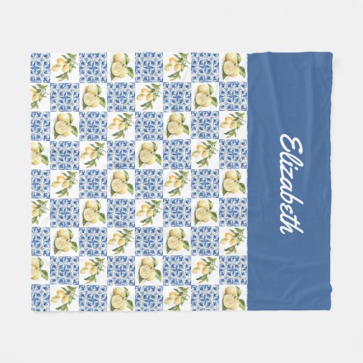 Blue Tile French Country Lemon Custom Name Fleece Deken (Voorkant (Horizontaal))