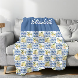 Blue Tile French Country Lemon Custom Name Fleece Deken