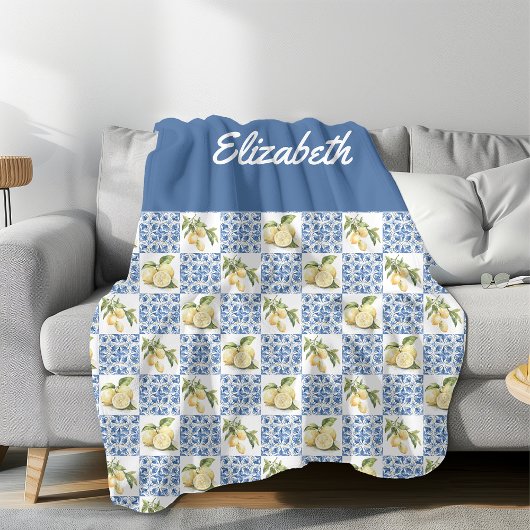 Blue Tile French Country Lemon Custom Name Fleece Deken