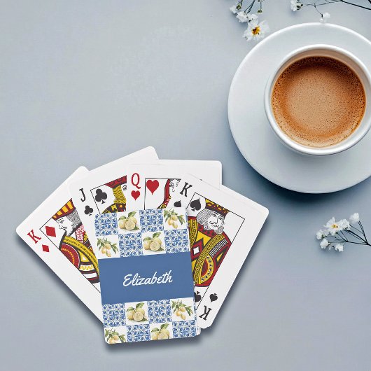 Blue Tile French Country Lemon Custom Name Pokerkaarten