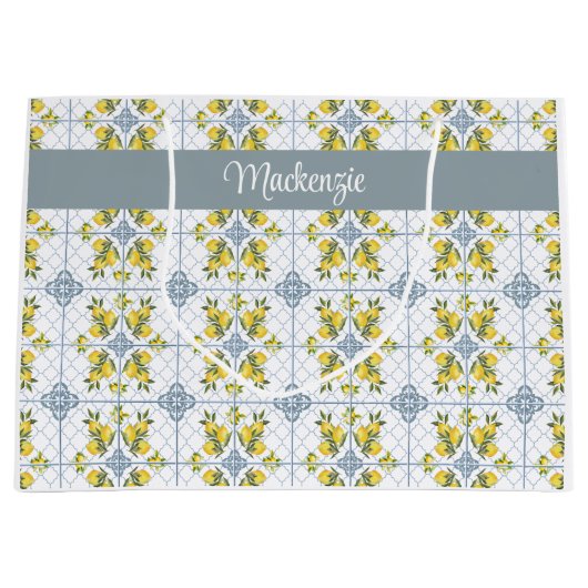 Blue Tile French Country Lemon Name Monogram Groot Cadeauzakje (Voorkant)