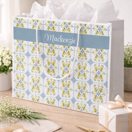 Blue Tile French Country Lemon Name Monogram Groot Cadeauzakje