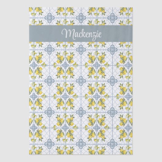 Blue Tile French Country Lemon Name Monogram Tissuepapier (Voorkant)