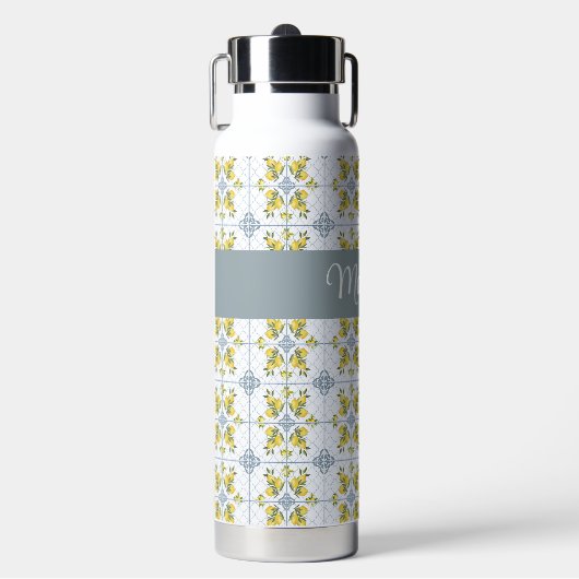 Blue Tile French Country Lemon Name Monogram Waterfles (Voorkant)