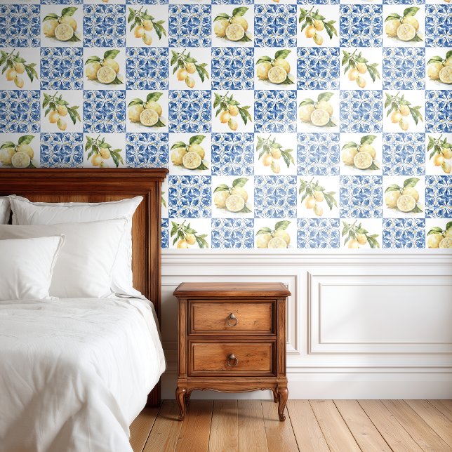 Blue Tile French Country Lemon Pattern Behang (Creator heeft geüpload)