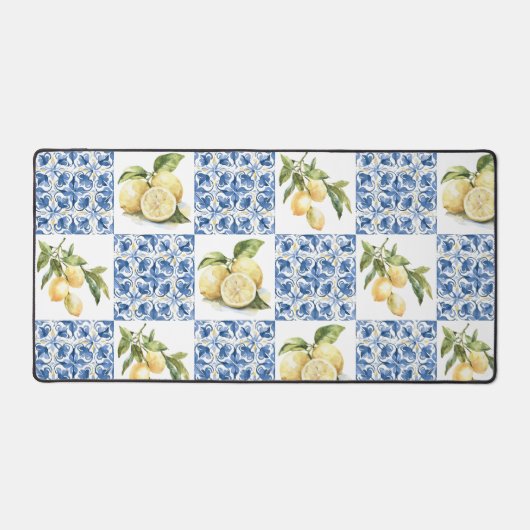 Blue Tile French Country Lemon Pattern Bureaumat (Voorkant)