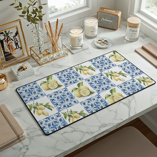 Blue Tile French Country Lemon Pattern Bureaumat
