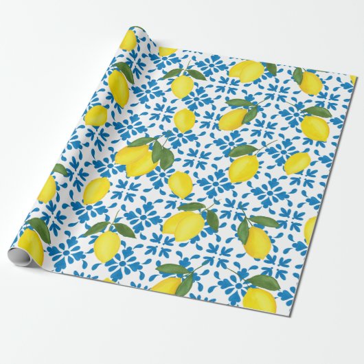 Blue Tile French Country Lemon Pattern Cadeaupapier (Uitgerold)