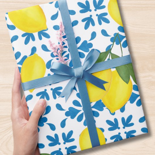 Blue Tile French Country Lemon Pattern Cadeaupapier