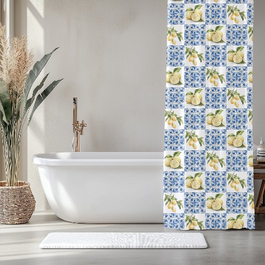 Blue Tile French Country Lemon Pattern Douchegordijn
