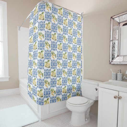 Blue Tile French Country Lemon Pattern Douchegordijn (In situ)