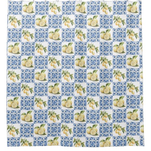 Blue Tile French Country Lemon Pattern Douchegordijn (Voorkant)