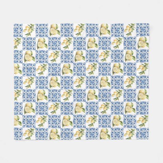 Blue Tile French Country Lemon Pattern Fleece Deken (Voorkant (Horizontaal))