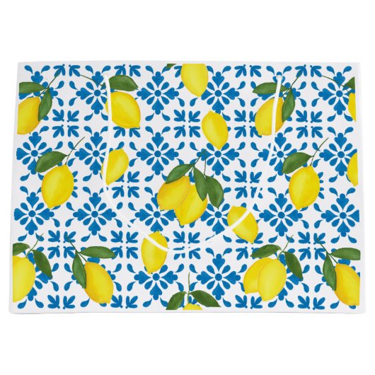 Blue Tile French Country Lemon Pattern Groot Cadeauzakje (Voorkant)