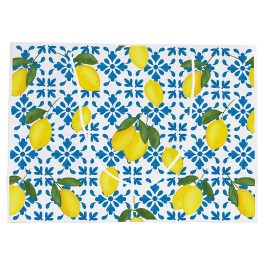 Blue Tile French Country Lemon Pattern Groot Cadeauzakje (Achterkant)