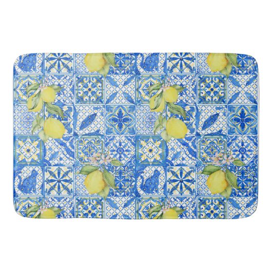 Blue Tile French Country Lemon Pattern Home Decor Badmat (Voorkant)