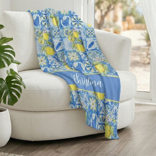 Blue Tile French Country Lemon Pattern Monogram Fleece Deken