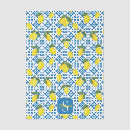 Blue Tile French Country Lemon Pattern Monogram  Tissuepapier (Voorkant)