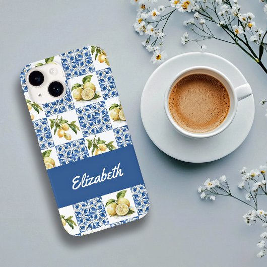 Blue Tile French Country Lemon Pattern Name Case-Mate iPhone Case
