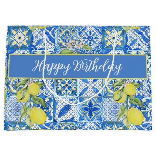 Blue Tile French Country Lemon Pattern Name Groot Cadeauzakje (Voorkant)