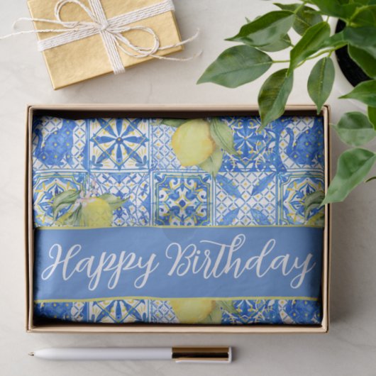 Blue Tile French Country Lemon Pattern Name Tissuepapier (Geschenk)