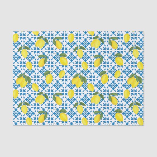 Blue Tile French Country Lemon Pattern Tissuepapier (Voorkant)