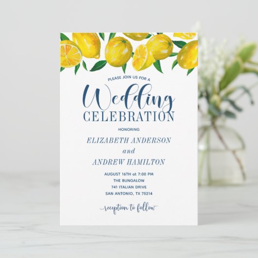 Blue Tile Italian Lemon Wedding Invitation Kaart (Staand voorkant)