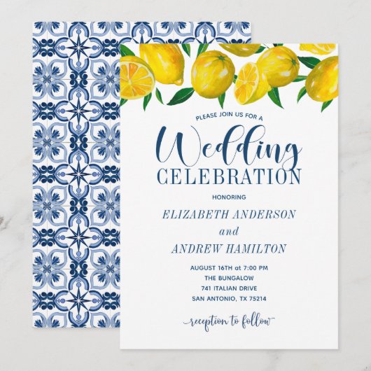 Blue Tile Italian Lemon Wedding Invitation Kaart (Voorkant / Achterkant)