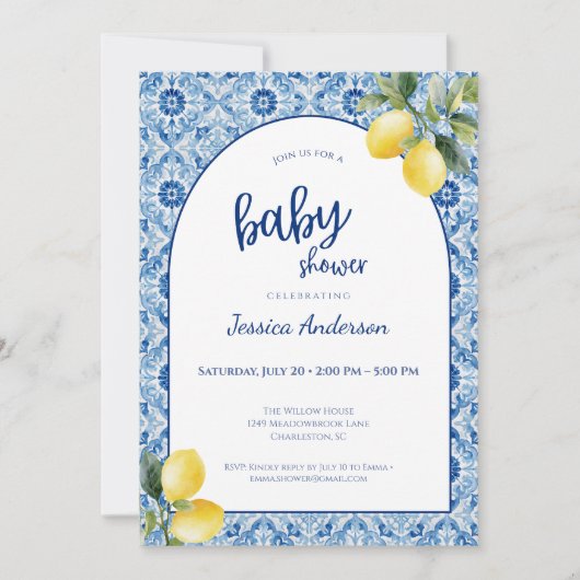 Blue Tile Lemon Baby Shower Invitation Kaart (Voorkant)