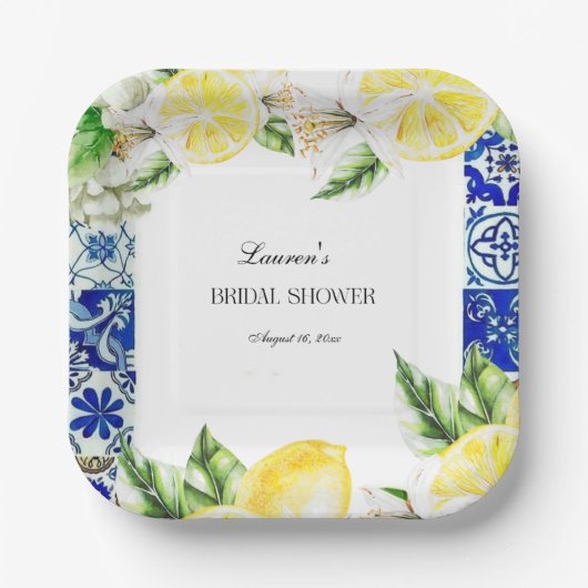 Blue Tile Lemon Italian Bridal Shower  Papieren Bordje (Voorkant)