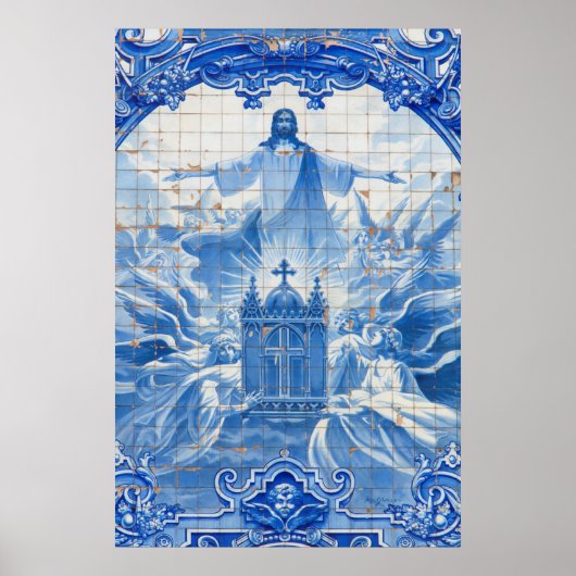 Blue tile mosaic of jesus, Portugal Poster (Voorkant)