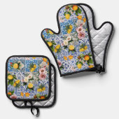 Blue tiles Mediterranean Floral  Ovenwant & Pannenlap Set (Voorkant / Achterkant)