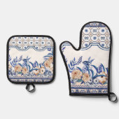 Blue tiles Mediterranean Floral Ovenwant & Pannenlap Set (Voorkant)