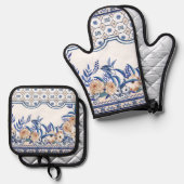 Blue tiles Mediterranean Floral Ovenwant & Pannenlap Set (Voorkant / Achterkant)
