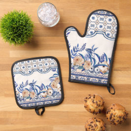 Blue tiles Mediterranean Floral Ovenwant & Pannenlap Set