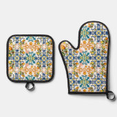 Blue tiles Mediterranean Floral  Ovenwant & Pannenlap Set (Voorkant)