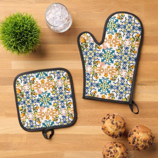 Blue tiles Mediterranean Floral  Ovenwant & Pannenlap Set (Top down)