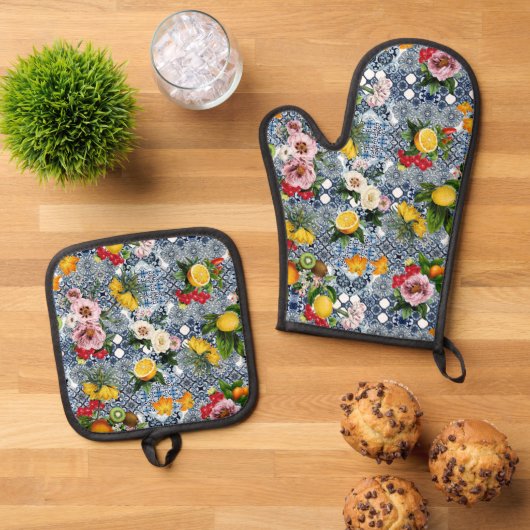 Blue tiles Mediterranean Floral  Ovenwant & Pannenlap Set (Top down)