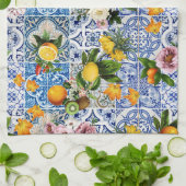 Blue tiles Mediterranean Floral Theedoek (Gevouwen)