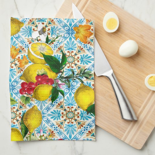 Blue tiles Mediterranean Floral  Theedoek (Quarter Fold)