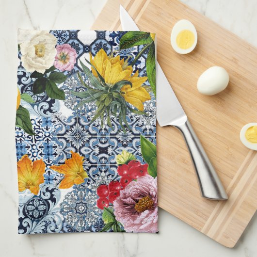 Blue tiles Mediterranean Floral Theedoek (Quarter Fold)