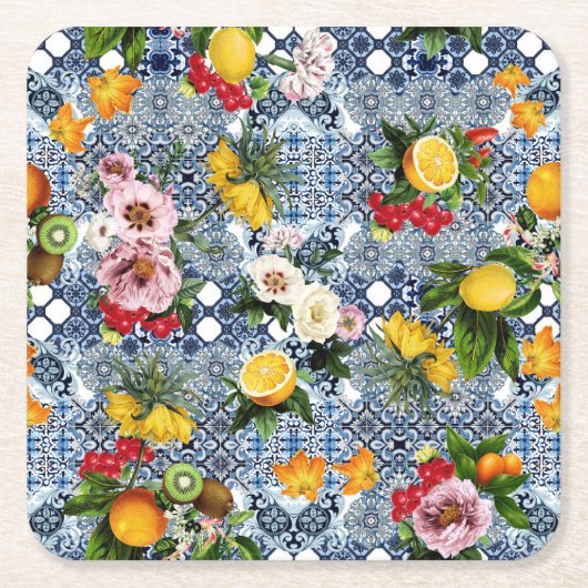 Blue Tiles Mediterranean Pattern  Kartonnen Onderzetters (Voorkant)