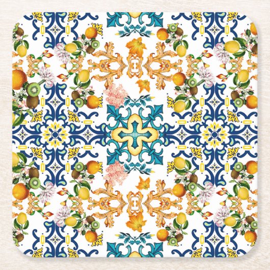 Blue Tiles Mediterranean Pattern  Kartonnen Onderzetters (Voorkant)