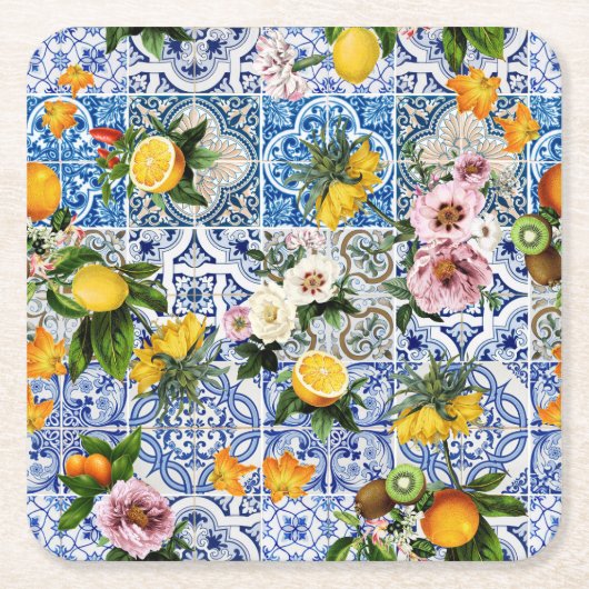 Blue Tiles Mediterranean Pattern  Kartonnen Onderzetters (Voorkant)