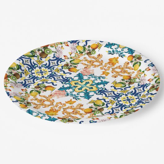 Blue Tiles Mediterranean Pattern Papieren Bordje (Gekanteld)