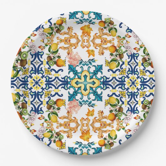 Blue Tiles Mediterranean Pattern Papieren Bordje (Voorkant)