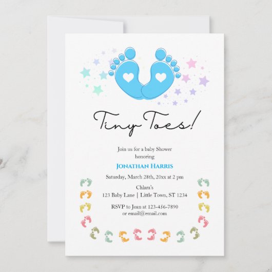 Blue Tiny Toes Baby shower Invitation Kaart (Voorkant)